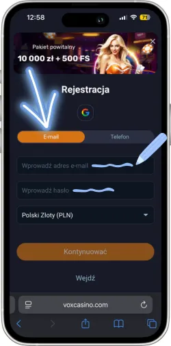 Wybór metody rejestracji i wprowadzenie danych logowania
