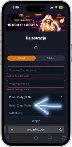 Wybór waluty konta i przejście do następnego kroku